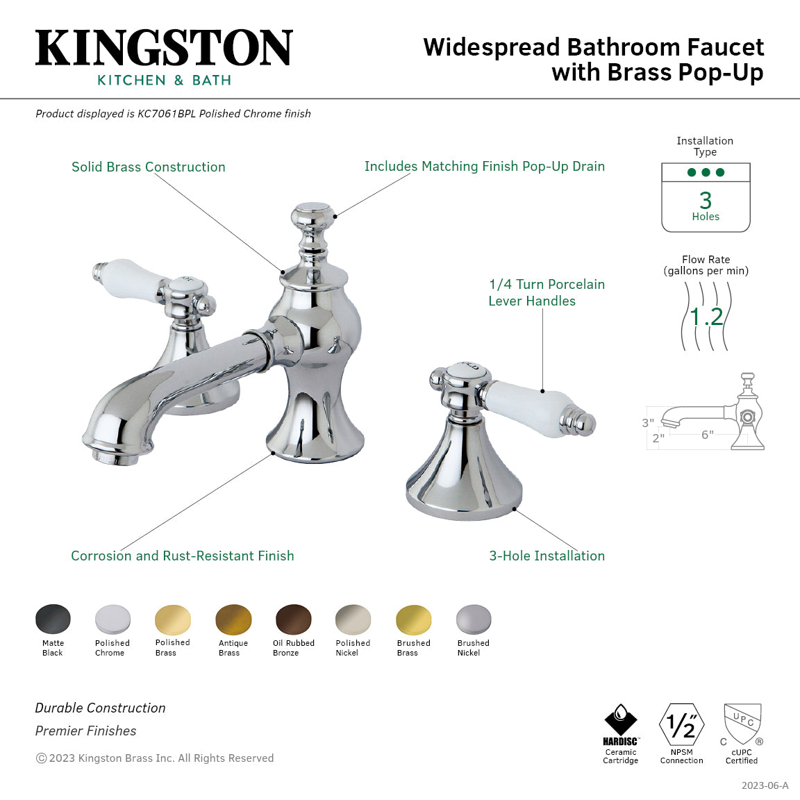 Kingston Tulare KC7062BPL - Bel-Air Two-Handle 3-Hole Deck Mount Widespread Bathroom Faucet with Brass Pop-Up, Polished Brass — thumbnail 2